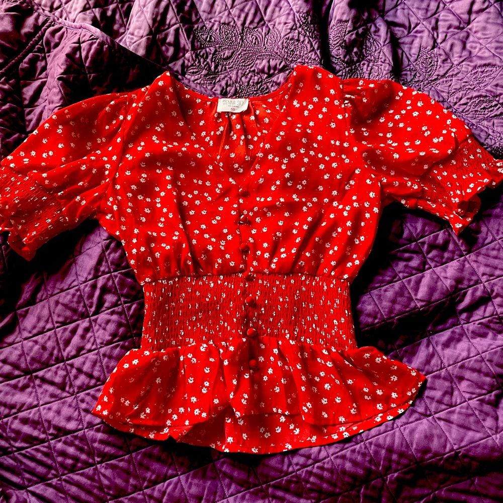 Red Floral Blouse with bottoms down the middle. Brand: Sienna Sky